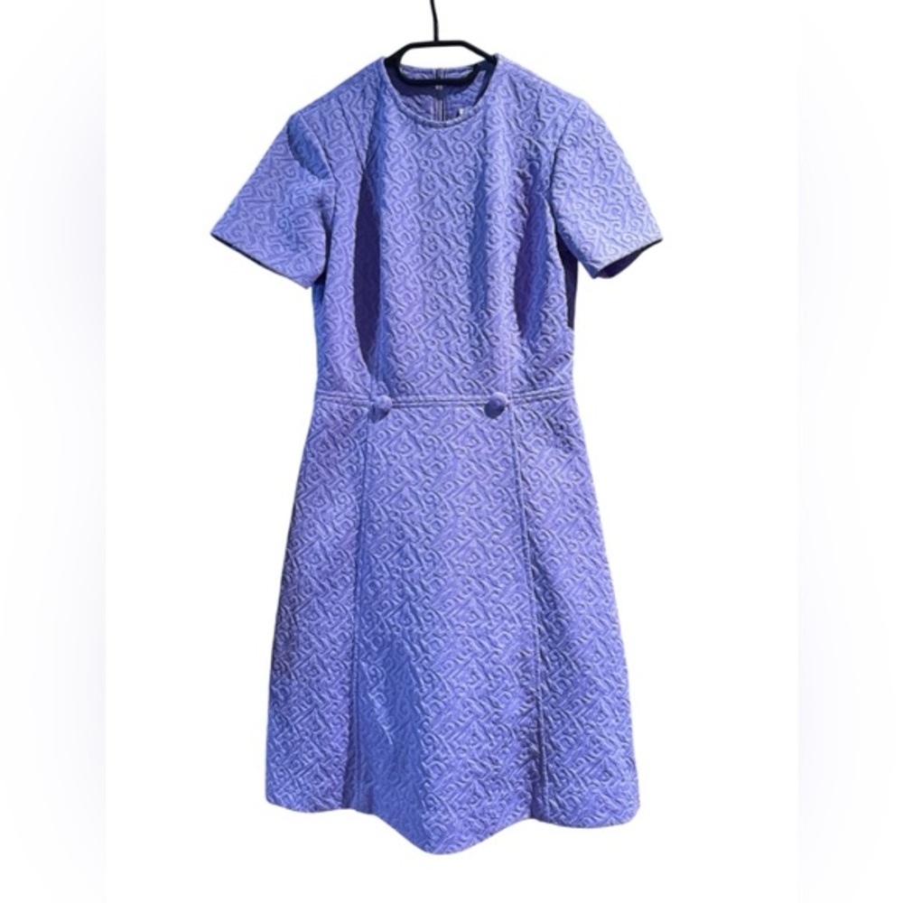 Vintage Purple Textured Jacquard Dress Short Sleeve A-Line Retro Mod 60s 70s